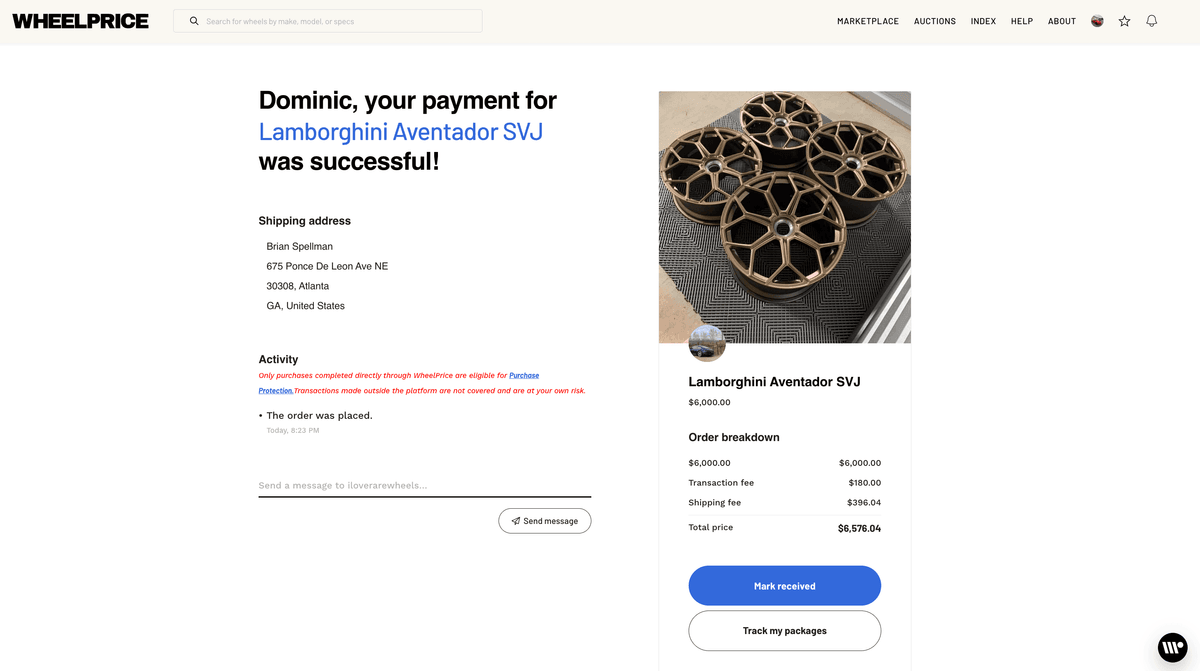 Screenshot showing the mark as received button and delivery confirmation interface