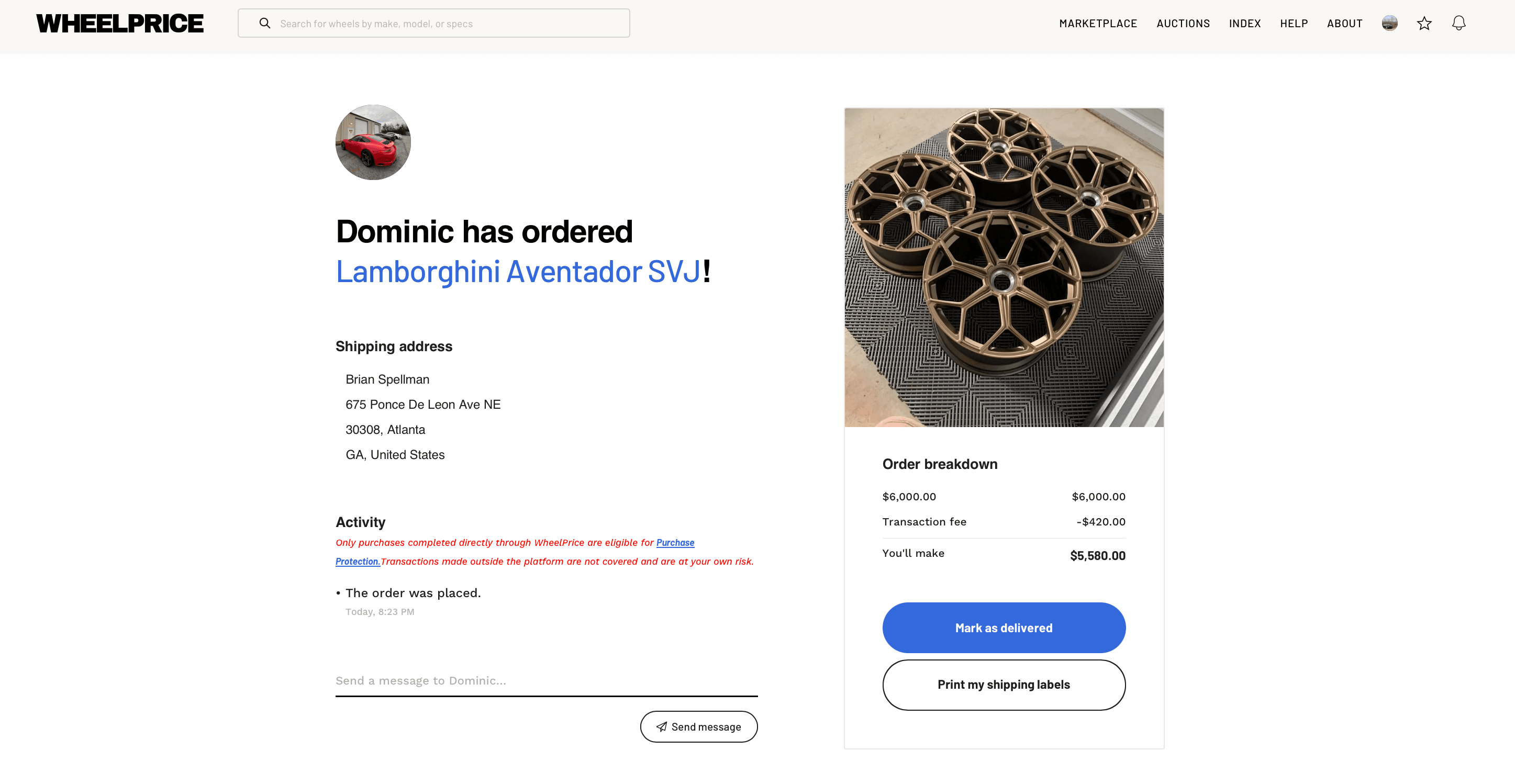 Screenshot showing seller order notification with buyer details and next steps