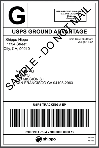 Sample shipping label showing USPS Ground Advantage format with sender/recipient addresses, tracking barcode, and shipping details